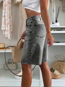 Classic Casual Boyfriend Style Denim Knee Length Shorts For Men, With Pockets, Buttons And Zipper, Straight Leg, Non-Stretch Fabric Summer - Gris Claro - Ver 3