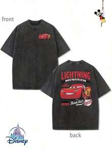 New Disney Pure Cotton Washed T-Shirt, Disney Racing Story Lightning McQueen Printed Women's Dress, Lightning McQueen Racing Car, Round Neck Leisure Comfortable Pure Cotton Washed T-Shirt, Suitable For Sports And Daily Wear, A Good Choice For Gifts, Essential For Parties, High-End Clothing, Suitable For Gifts, Casual Couples With Holiday Gifts, Unisex, Excellent Gifts. - màu đen - Xem 1
