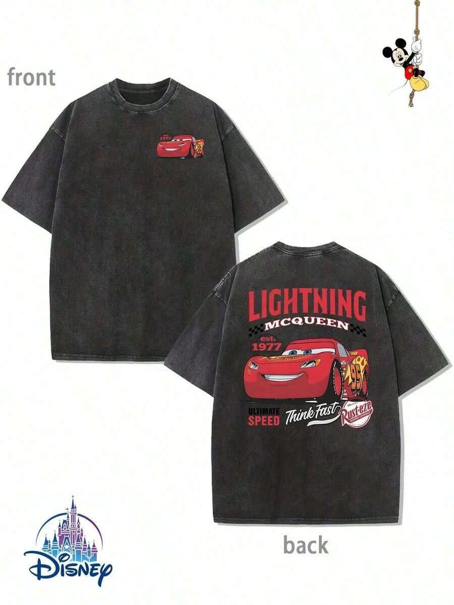 New Disney Pure Cotton Washed T-Shirt, Disney Racing Story Lightning McQueen Printed Women's Dress, Lightning McQueen Racing Car, Round Neck Leisure Comfortable Pure Cotton Washed T-Shirt, Suitable For Sports And Daily Wear, A Good Choice For Gifts, Essential For Parties, High-End Clothing, Suitable For Gifts, Casual Couples With Holiday Gifts, Unisex, Excellent Gifts. - màu đen - Xem 1