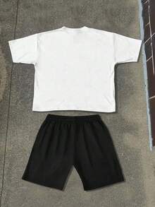 (2-Piece Outfit) Gator Chomp Pattern T-Shirt And Sports Shorts Set, Men's Round Neck Short Sleeved Sports Shirt+Drawstring Shorts, Casual And Comfortable, Suitable For Festivals, Back To School, Streets, Outdoor Leisure, And Vacations - trắng + đen - Xem 3