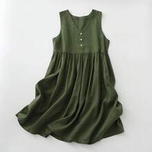 Vestido Casual de Verano 2026 para Mujer, Sin Mangas, de Algodón y Lino, Cuello en V, con Botones, Corte Holgado, Midi - Verde militar - Ver 4