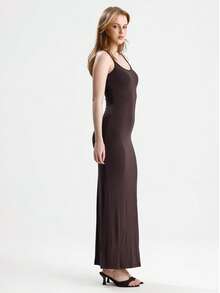 RoseArya Elegant Slit Detail Long Stretch Strap Dress - Brown - View 3