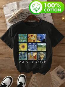 Grafiska T-shirts 2026 med "VAN GOGH"-bokstävertryck, 100 % modern dam-T-shirt, vår/sommar, elegant fest-T-shirt i ett stycke, dagens gratis dagliga gåva, mina nyinköpta varor... beställningar som ännu inte har skickats, Qqq, damkläderkampanj, 9134 100 % bomull damsommarklänning, rundhalsad T-shirt för ung flicka med bokstavstryck, avslappnad, bekväm och moderiktig - Svart - Visa 1