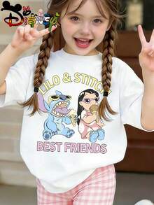 Disney Licensed Lilo & Stitch "Best Friends" Kids' T-Shirt, Cute Cartoon Casual Tee, Perfect For Daily Wear, School Activities, Family Outings And Theme Park Trips, Shipped From Local Warehouse - 白色 - 查看 1