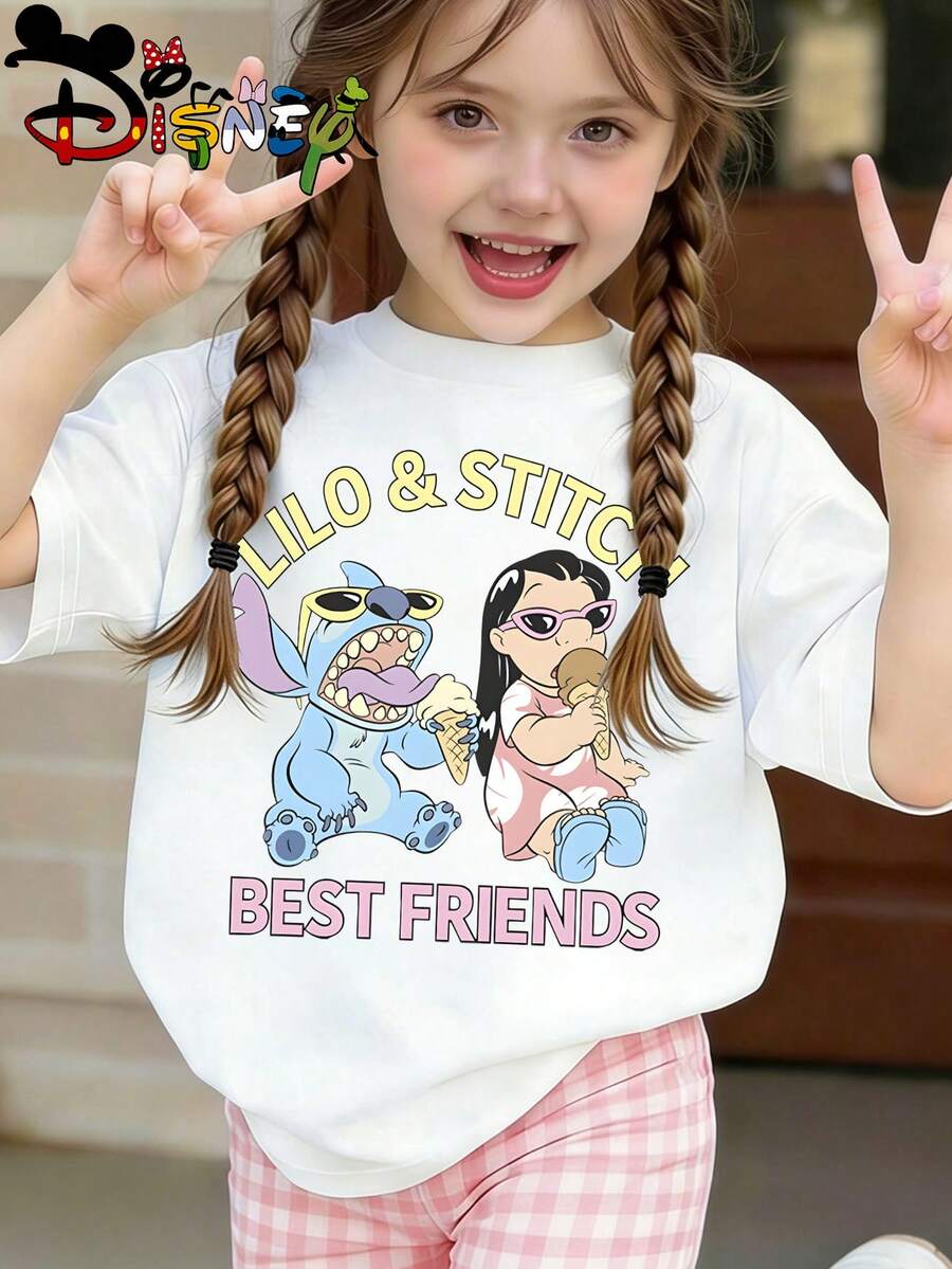 Disney Licensed Lilo & Stitch "Best Friends" Kids' T-Shirt, Cute Cartoon Casual Tee, Perfect For Daily Wear, School Activities, Family Outings And Theme Park Trips, Shipped From Local Warehouse - 白色 - 查看 1