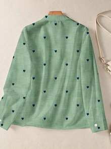 Camisa de mujer de manga larga con botones y bolsillos, con estampado romántico de corazones, adecuada para otoño, invierno y primavera - Verde - Ver 4