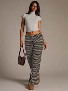Pantalones de pierna ancha con estampado de rayas y nudo a la cintura de baja altura para mujer, pantalones de verano para mujer, conjunto de verano para mujer, ropa de playa para mujer, pantalones casuales para mujer, pantalones a rayas para mujer, pantalones con cordón, conjunto de verano para mujer - Caqui - Ver 4