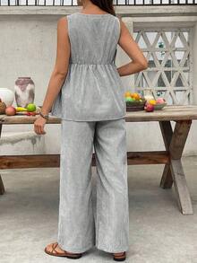 Conjunto de 2 piezas compuesto por top casual de cuello redondo sin mangas a rayas y pantalones holgados para embarazadas, ideal para el verano - Blanco y Negro - Ver 2