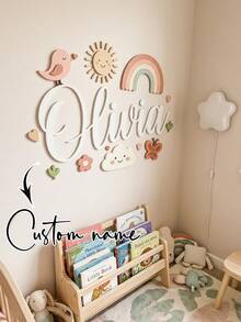 1pc Personalized Macaron Wooden Name Plate For Kids, Suitable For Children's Room, Nursery Decoration, Customizable Macaron Color, Wooden Children's Room Wall Decor, Back To School Gift - Beige - View 3