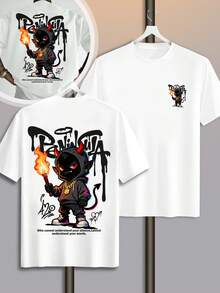 Iluminando el camino que tienes por delante, evitando que caigas al abismo. Camiseta Casual Deportiva de Estilo Urbano Y2K para Hombre con Estampado de Manga Corta de Moda que Muestra a un Pequeño Diablo Sosteniendo una Antorcha - Blanco - Ver 2