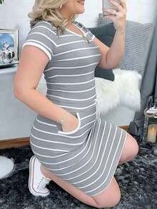 Vestido camisero casual de mujer con rayas, manga corta, cintura con cordón y bolsillos, elegante para el verano - Gris - Ver 6