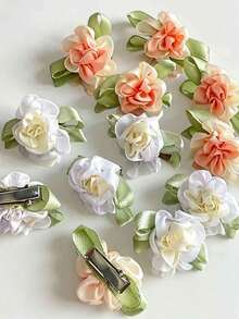 Set de 7 piezas de pinzas para el cabello con flores de tela de estilo fresco, pinzas para el flequillo lateral suave, pinzas para el cabello con flores de rosa de tela, pinzas minimalistas para el flequillo diario de niña - A - Ver 3