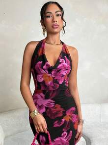 Vestidos nuevos para mujer, ropa de calle de verano, moda Halter, vestido ajustado informal, vestido rojo Sexy estampado sin mangas para mujer, vestido elegante de malla, ropa - Rosa Fucsia - Ver 3