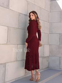 Elegant Women's Midi Knit Dress With Long Sleeves And Lace, Mermaid Style, Ideal For Winter Parties, Shapes The Body. - 勃根地 - 查看 5