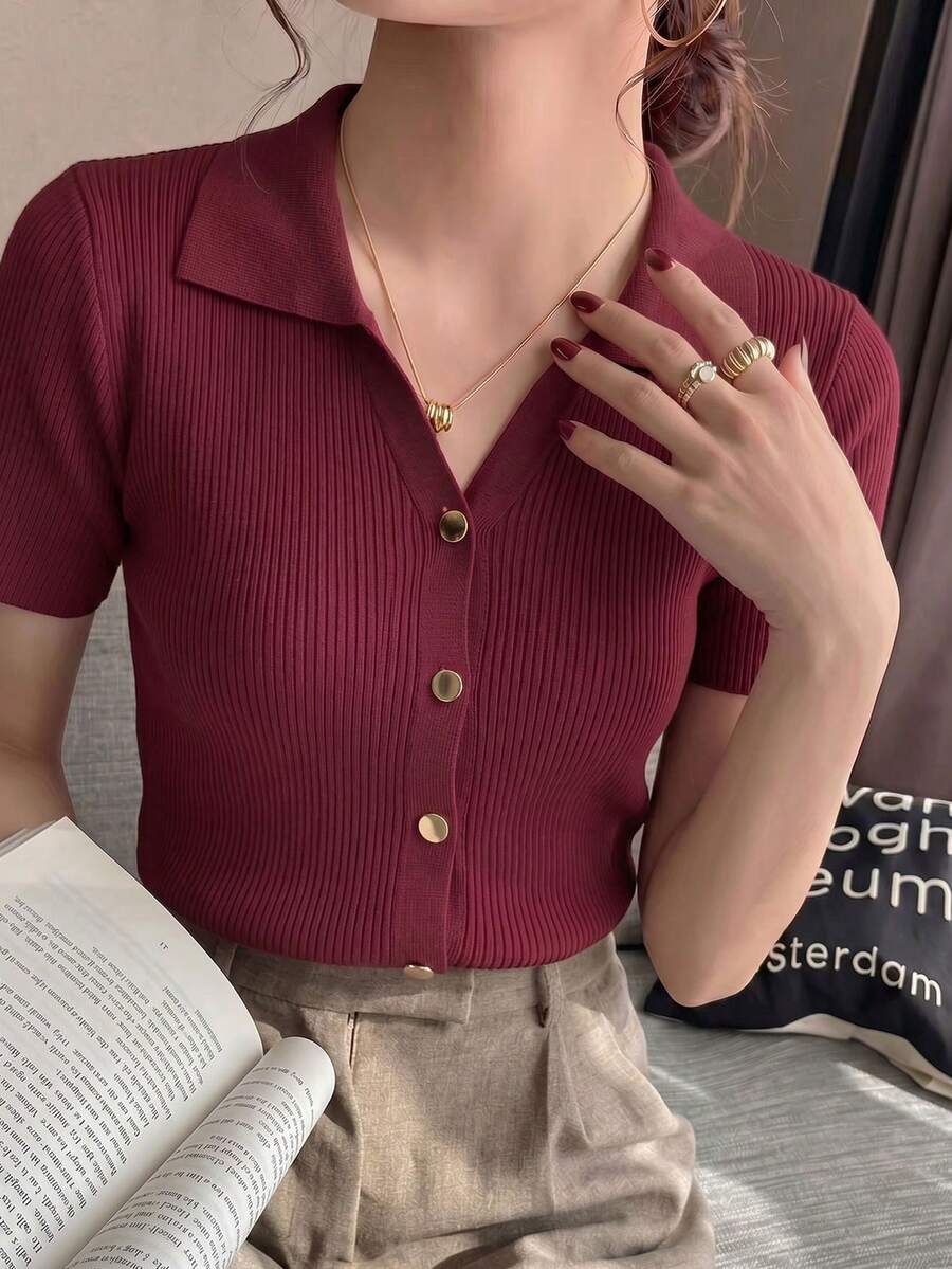 时尚 Polo 领插肩短袖针织 T 恤，女士春夏新款轻薄休闲开衫上衣 - 酒紅色 - 查看 1