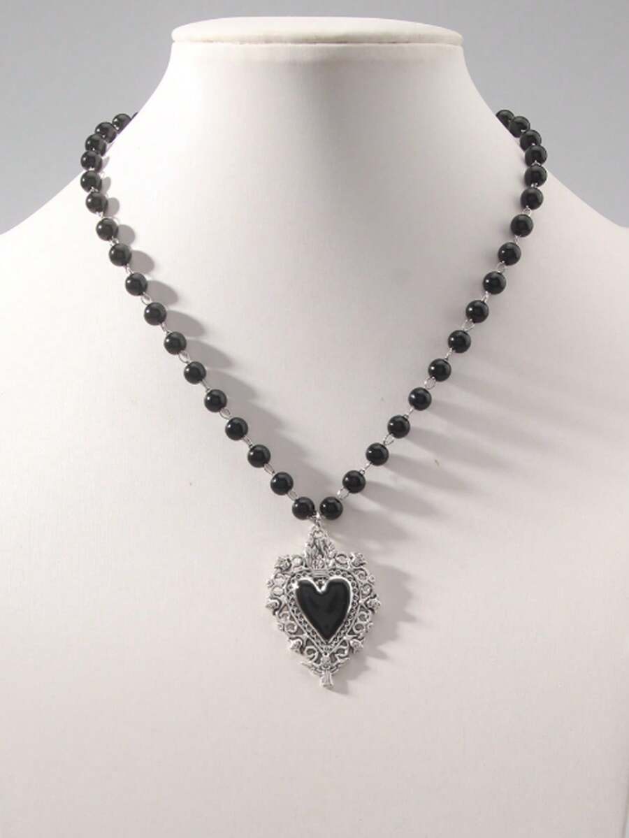 Dây chuyền hạt cườm hình trái tim màu đen phong cách Gothic cổ điển, mặt dây chuyền quyến rũ phong cách Punk Rock Y2K dành cho nữ. - màu đen - Xem 1