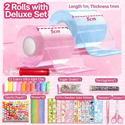 Set de cinta de goma de mascar con burbujas nano para niños, incluye purpurina, arcilla, pegatinas lindas y herramientas accesorias, adecuado para niños, adolescentes y niñas. Cinta nano hecha a mano (colores de accesorios aleatorios)