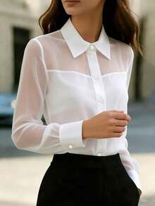 1 pieza Blusa elegante de mujer con parches de malla, adecuada para salidas diarias, ir al trabajo y atuendos de aeropuerto - Blanco - Ver 3