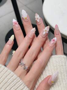 10 Stück mittlere mandelförmige handgemachte Aufklebe-Nägel Set, aprikot & weiße Fake Nägel, sanft süß tragbare Nail Art, geschnitzte Blumen, Muscheln, Seesterne, für Mädchen, Frauen, Alltag, Büro, Schule, Dates, Partys, Proms, Valentinstag Geschenk - Verschiedenfarbig - Übersicht 4