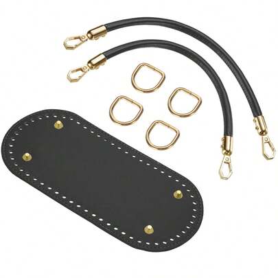 Bộ dụng cụ làm túi móc len gồm đáy túi hình bầu dục 8.7 x 4 inch bằng da PU, 2 quai xách dài 11.8 inch và 4 khóa cài, dùng để tự làm túi móc len, túi đeo vai và ví.