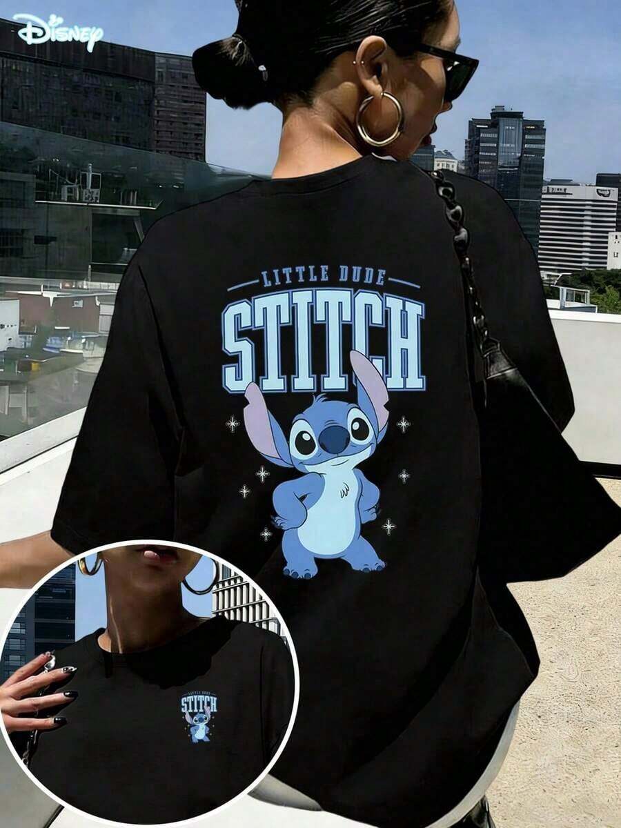 Disney Lilo & Stitch "Little Dude" Oversized T-Shirt: White Loose Fit Cotton Tee With College Style Double-Sided Graphic, Perfect For Theme Park Visits, Casual Wear And Stitch Fans, Ideal Gift --Disneys Disneyland Paris The Magic Kingdom Disneyesque B6Holiday Gifts Valentine's Day Gifts Earth Day Gifts Oktoberfest Gifts Summer Bank Holiday Gifts - 黑色 - 查看 1