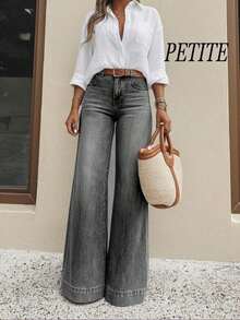 Jeans de tiro alto y pierna ancha para mujer, tela vaquera ligera y cómoda, jeans elásticos lavados, estilo largo elegante, uso casual de primavera/verano, versátil para diario/commute, moda callejera, ≥70% algodón - Gris - Ver 1