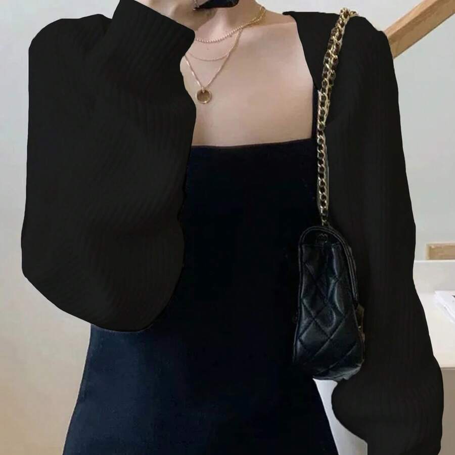 Chal de punto de color liso con mangas, cárdigan multifuncional, bufanda de moda, protector solar, calentador de cuello para uso diario y vestir. - Negro - Ver 1