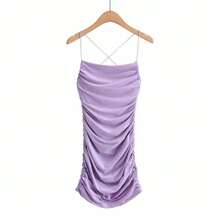 Minivestidos ajustados con espalda descubierta y tirantes cruzados para mujer, vestido Sexy sin mangas plisado con parte inferior envuelta en la cadera, ceñido al cuerpo para discoteca, verano - Lavanda - Ver 4