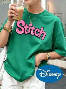 Disney-Themed, Vibrant Pink Stitch Jumping Pattern Print Oversized Women's Fashion Crew Neck T-Shirt, Perfect For Spring And Summer Casual Wear-A Thoughtful Gift For Her. - 綠色 - 查看 2