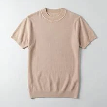 Men's Solid Color Turtleneck Textured Knit Sweater, Intarsia Pattern Short Sleeve T-Shirt, Casual Slim Fit Thin Lightweight Summer Pullover - Camel - View 8