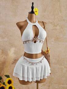 Nuevo conjunto de bikini de 3 piezas de unicolor con parte superior de atar al cuello, cadena con concha y estilo casual para vacaciones - Blanco - Ver 3