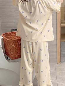 Set Pakaian Tidur Wanita 2 Potong, Gaya Pedesaan Prancis, Leher Bulat Bernapas, Lengan Pendek, Celana Pendek, Motif Bunga Kecil, Bra Terintegrasi, Musim Panas - Aprikot - View 7
