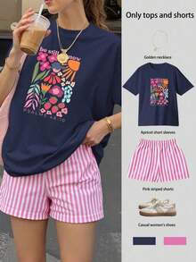 Conjunto de camiseta de manga corta holgada con estampado "Be Still & Know" y pantalones cortos a rayas, traje de mujer, conjunto de dos piezas femenino, atuendo de verano para mujer, ropa de vacaciones, ropa de viaje, estilo de playa, vestimenta de vacaciones minimalista - Niebla azul - Ver 1