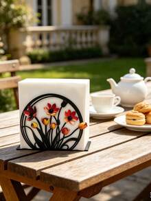Flower Design Napkin Holder For Table, Metal Napkin Stand For Paper Napkins, Flat Cocktail Napkin Dispenser For Kitchen, Dining Room, Outdoor Patio, Bar & Hotel, Rustic Floral Tissue Organizer With Sturdy Base, Ideal For Everyday Use & Special Occasions - View 3