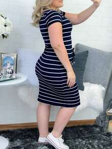 Vestido camisero casual de mujer con rayas, manga corta, cintura con cordón y bolsillos, elegante para el verano - Azul marino - Ver 3