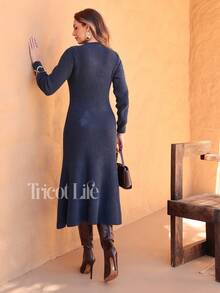 Women's Midi Dress In Mousse Knit, Long Sleeves With Braided Detail, Fitted Waist, Elegant, Winter, Premium, Casual, Party, Work, Travel - 藏蓝色 - 查看 2