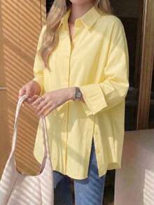 Women's Long-Sleeved Blouse With Lapel, Single Button Closure, And Casual Style For Everyday Wear, In A Solid Color - Yellow - View 12