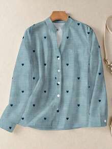 Camisa de mujer de manga larga con botones y bolsillos, con estampado romántico de corazones, adecuada para otoño, invierno y primavera - Azul marino - Ver 10