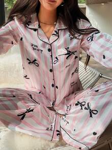 女款緞面甜美條紋蝴蝶結印花鈕扣開襟領口袋四季長袖長褲睡衣家居服套裝 - 粉色 - 查看 5