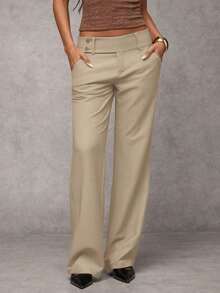 Pantalones casuales de unicolor y talle bajo para mujer - Caqui - Ver 5