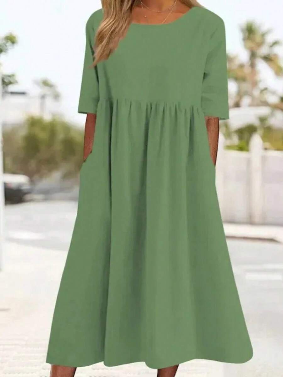 Novedad de verano, vestido informal de algodón y lino de manga corta con bolsillo y cuello redondo suelto para mujer 300 - Verde Claro - Ver 1