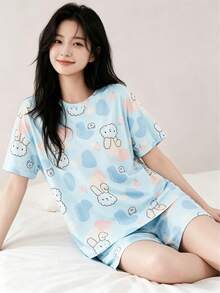 AICJ 2pcs/Set Cute Rabbit & Color Block Print Pajama Set, Casual Short Sleeve Round Neck T-Shirt And Pocket Shorts, Women Sleepwear Home Outfit - Baby Blue - View 5