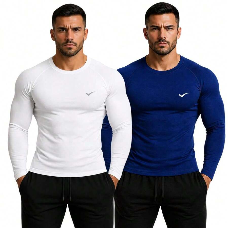 Kit Of 2 Thermal UV 50+ Base Layer Shirts/T-Shirts/Cool Mesh Shirts For Gym And Sports - 白色和海軍藍 - 查看 1