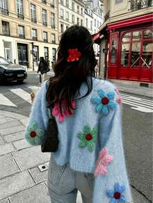 Plus Size 2026 Autumn/Winter Soft Wool Knit Sweater, Slouchy Cardigan With Colorful Floral Embroidery - Blue - View 2