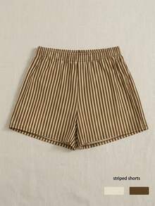 Conjunto Casual de 2 Piezas para Mujer Camiseta Manga Corta con Estampado tipo animal print  y Shorts de Cintura Alta a Rayas estilo casual ideal diario vacaciones dulce - Marrón Chocolate - Ver 2