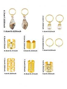 56pcs Luxury Beach Element Hair Rings With White Conch & White Pearls - Summer Adjustable Hair Cuffs, Coastal Boho Jewelry For Dreadlocks - Gold - View 6