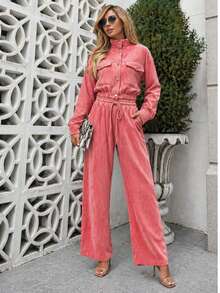 Women's Corduroy Long Sleeve Two-Piece Set, Elegant Casual Aerolook, Perfect Fit, Jacket With Buttons And Functional Pockets, Sizes M And L, Premium Quality, Various Colors Available, Autumn/Winter Season, Warm - 珊瑚粉 - 查看 2