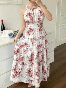 Vestido elegante sin mangas con cuello redondo y volantes hasta la pantorrilla para mujeres, vestido maxi floral de estilo boho para vacaciones de verano - Rojo - Ver 3
