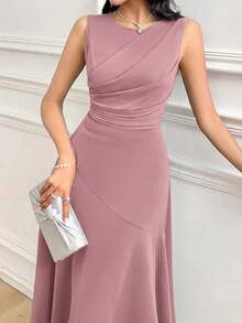Vestido largo sin mangas de unicolor que ciñe la cintura para mujer - Rosa vieja - Ver 6