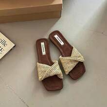 Sandal Selop Tenun Sol Tebal Ujung Persegi Bergaya Prancis untuk Wanita, Sandal Platform Wedges Chic untuk Liburan - Khaki - View 6